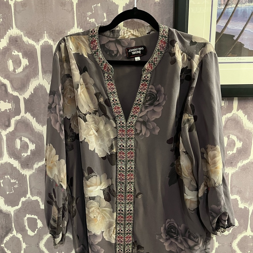 Johnny Was Workshop Floral Top with Purple and Cream Accents